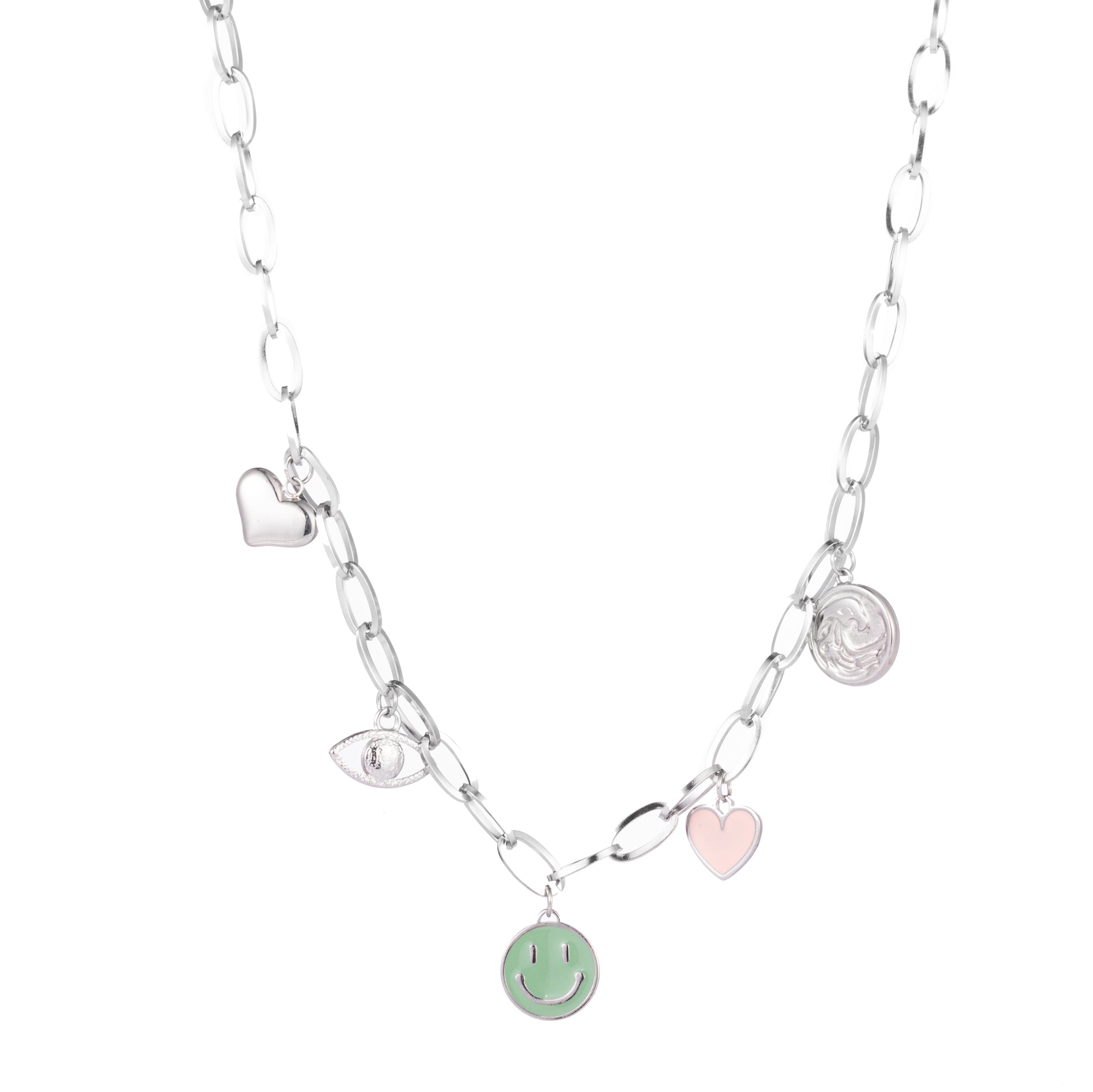 Colier din argint cu pandantive cu zâmbet, inimă, ochi păzitor,